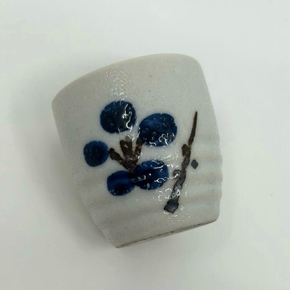 Vintage Tea Cup Shot Sz Mini Japanese Handmade Ceramic Printed Cream/Blue/Brown